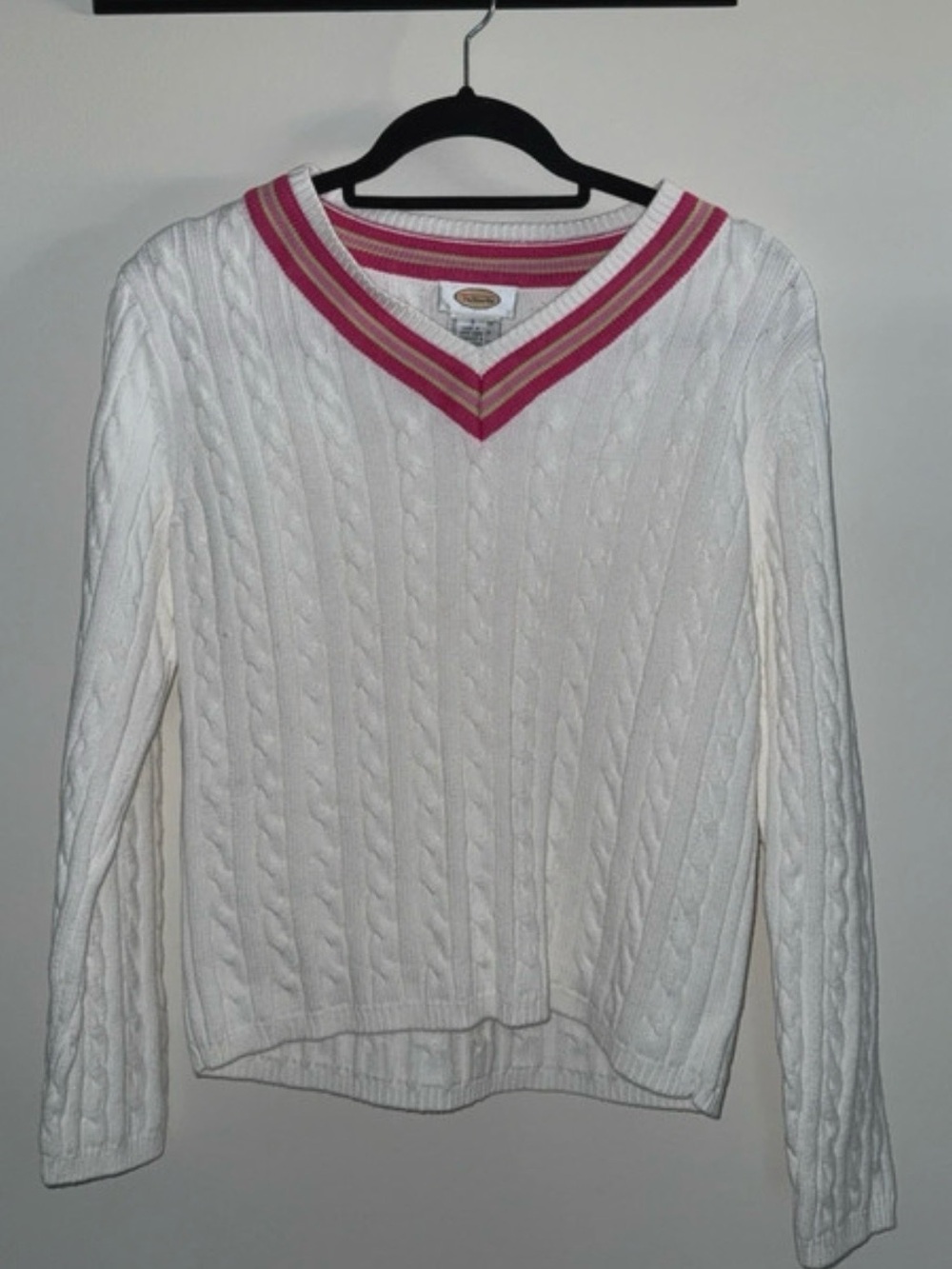 Talbots Cream Cable-Knit V-Neck Sweater with Pink Trim